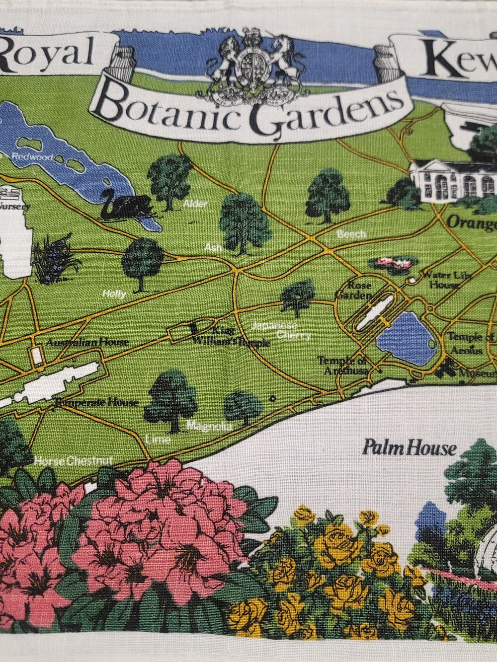 Vintage Royal Botanic Gardens Kew Map Tea Towel Irish Linen Pictorial Souvenir